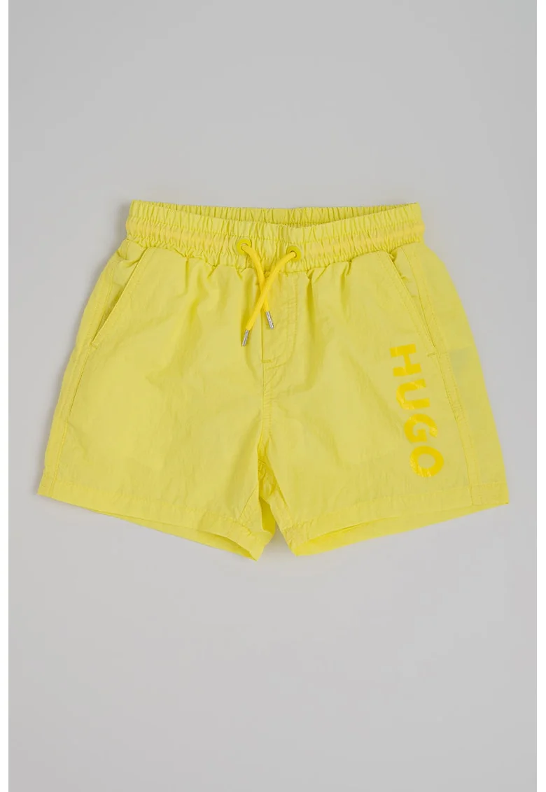 Pantaloni scurti de baie cu imprimeu logo contrastant, Galben deschis