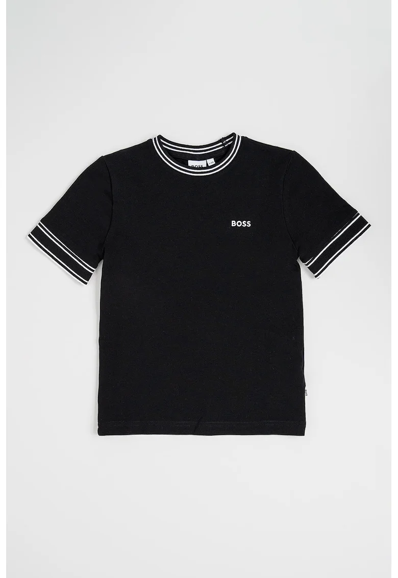 Tricou cu decolteu la baza gatului si detaliu cu logo pe piept, Negru