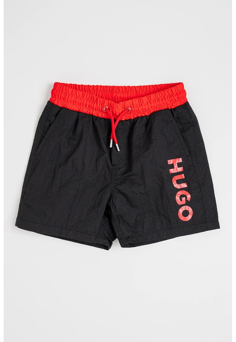 Pantaloni scurti de baie cu imprimeu logo contrastant, Rosu/Negru stins