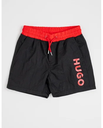 Pantaloni scurti de baie cu imprimeu logo contrastant, Rosu/Negru stins