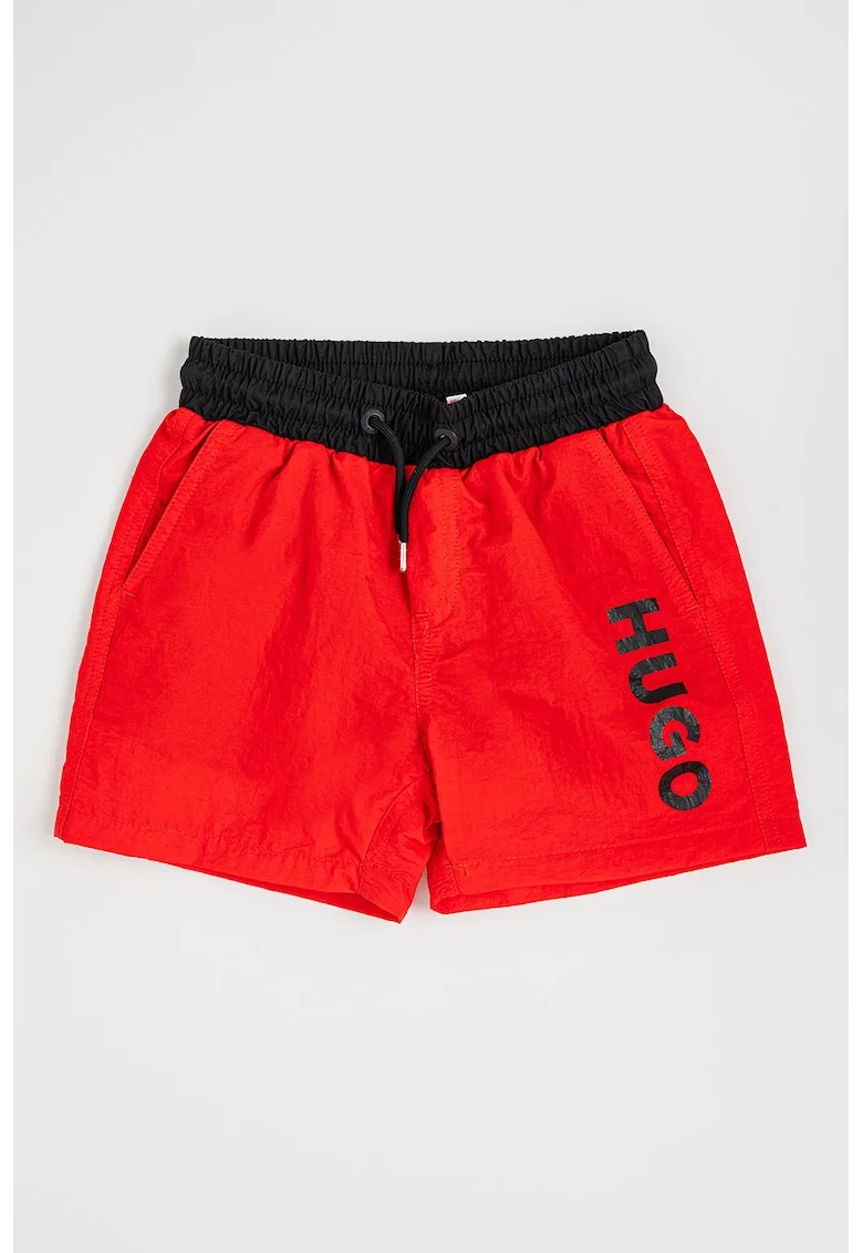 Pantaloni scurti de baie cu imprimeu logo contrastant, Rosu/Negru