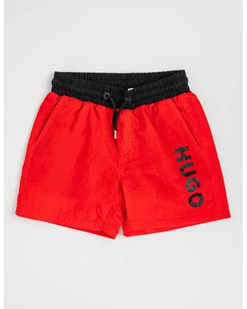 Pantaloni scurti de baie cu imprimeu logo contrastant, Rosu/Negru