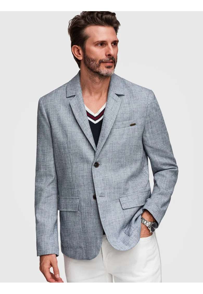 Sacou Barbati Elegant Texturat Regular Fit cu Nasturi Contrastanti, Albastru deschis