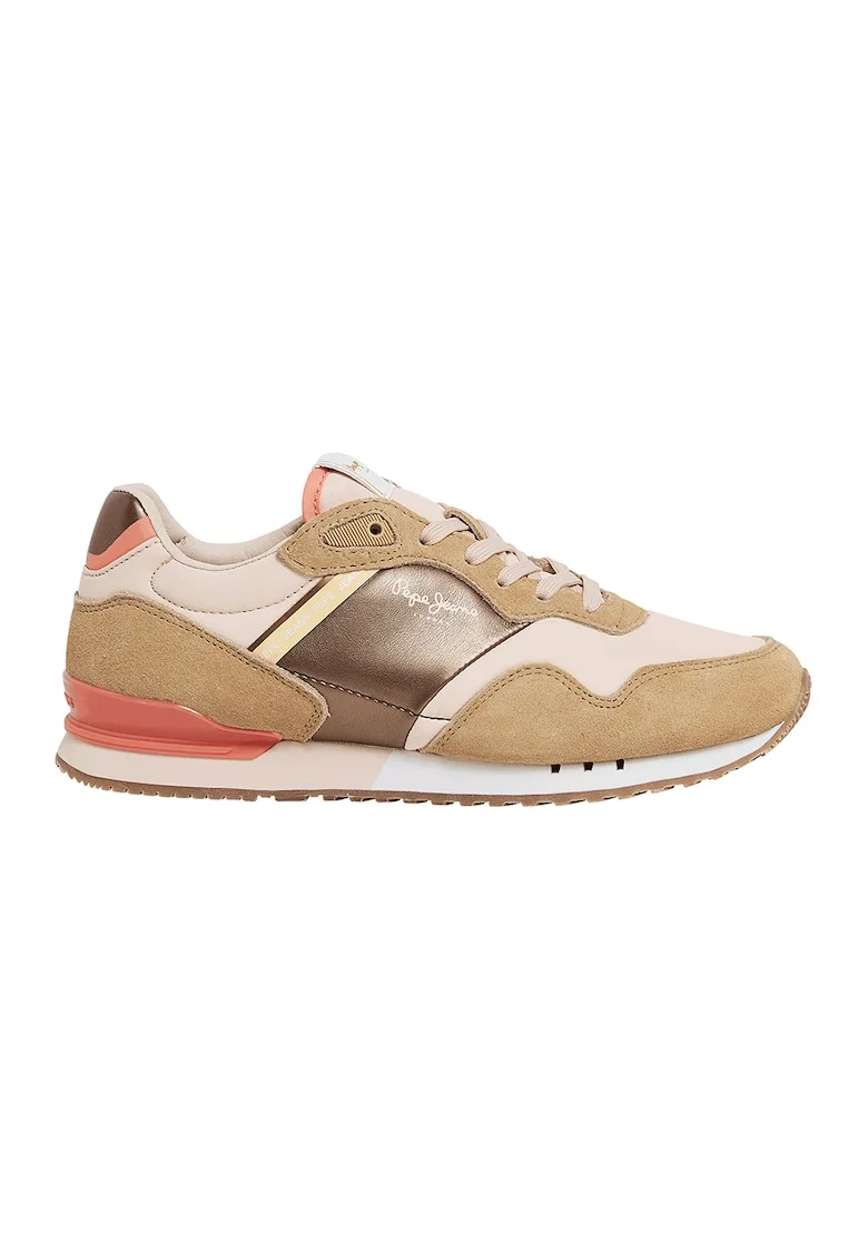 Pantofi sport colorblock cu insertii de piele intoarsa, Maro nisip/Auriu rose