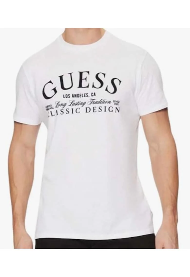 Tricou regular fit cu imprimeu logo si decolteu la baza gatului,