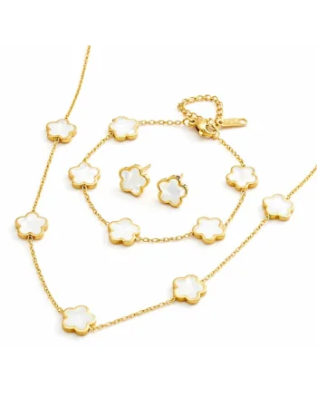 Set colier, cercei si bratara auriu, din otel inoxidabil, suflat cu aur 18k, cu trifoi, Alissea C1
