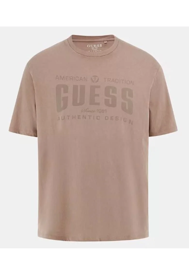 Tricou din amestec de bumbac cu imprimeu logo si decolteu la baza gatului