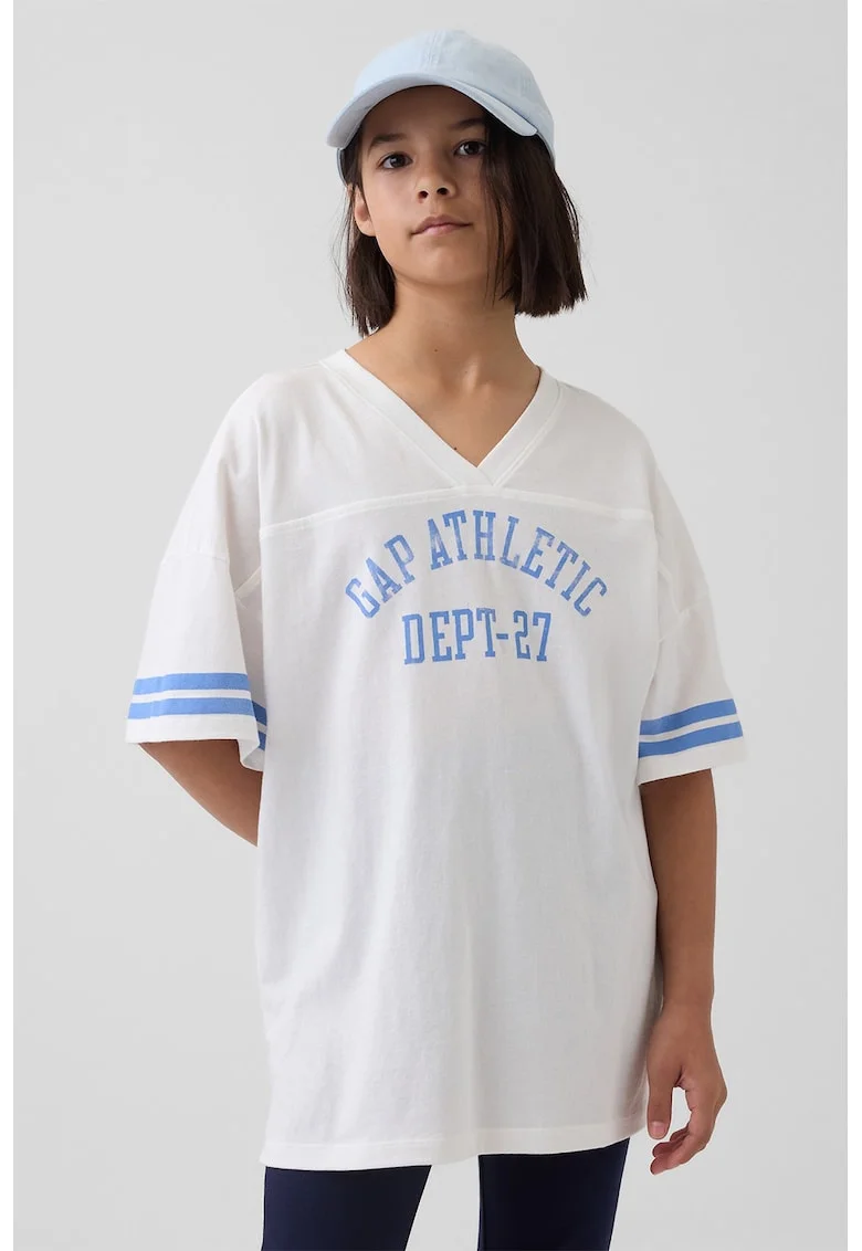 Tricou lejer cu decolteu in V, Albastru pastel/Alb murdar