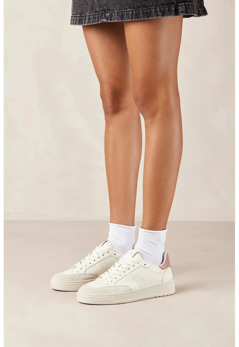 Pantofi sport low-cut de piele cu insertii de piele intoarsa, Gri deschis/Alb murdar/Roz prafuit