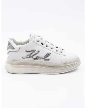 Pantofi sport din piele cu aplicatie logo, Alb/Argintiu