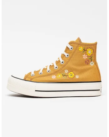 Tenisi inalti Chuck Taylor All Star Lift cu platforma si broderii florale, Galben mustar