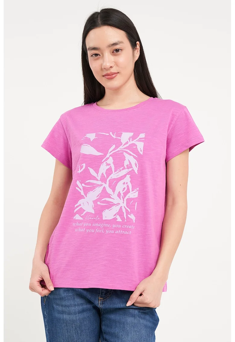 Tricou cu imprimeu si decolteu la baza gatului, Alb/Roz orhidee