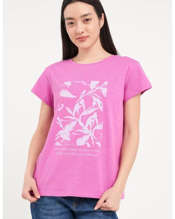 Tricou cu imprimeu si decolteu la baza gatului, Alb/Roz orhidee