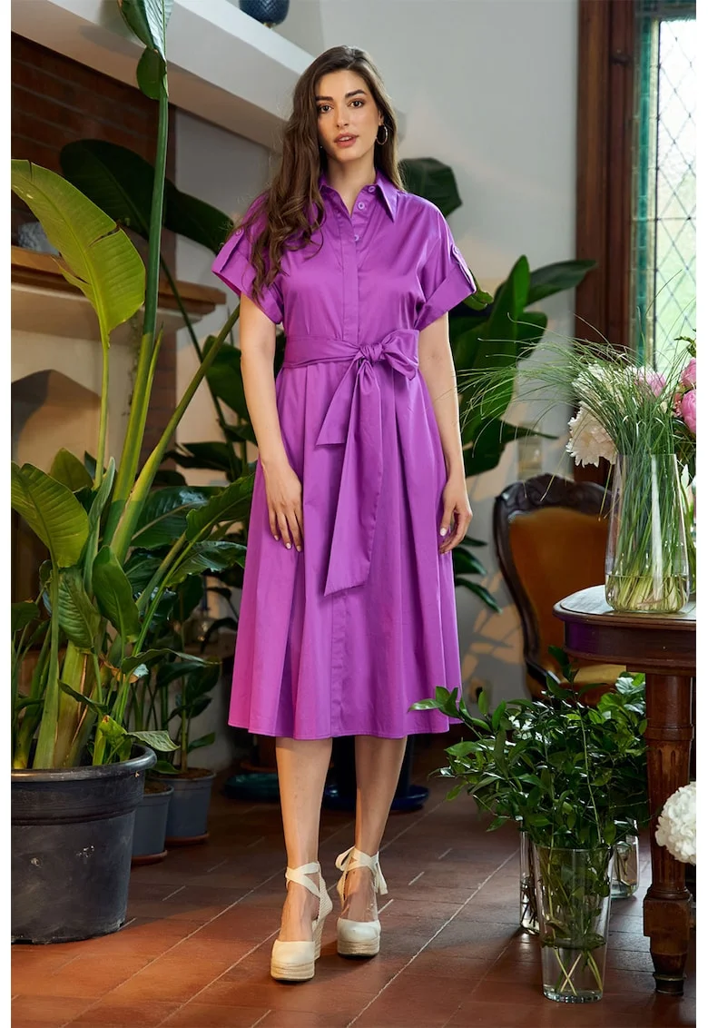 Rochie midi cu nasturi si maneci scurte, Roz fandango