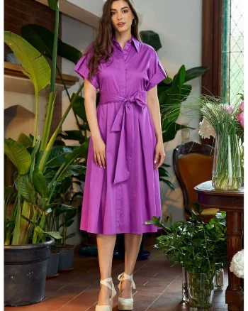 Rochie midi cu nasturi si maneci scurte, Roz fandango