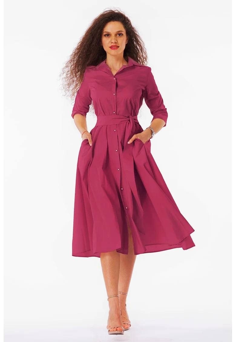 Rochie-camasa evazata cu cordon in talie, Roz inchis