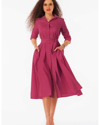 Rochie-camasa evazata cu cordon in talie, Roz inchis