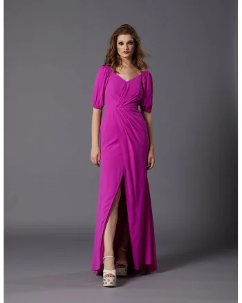Rochie cu decolteu in V si maneci bufante Solica, Fucsia