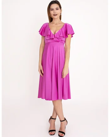 Rochie evazata cu volane Nova, Fucsia