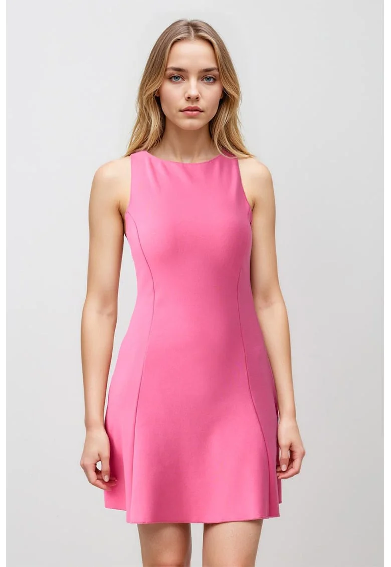 Rochie mini cu croiala in A, fara maneci, Roz bombon