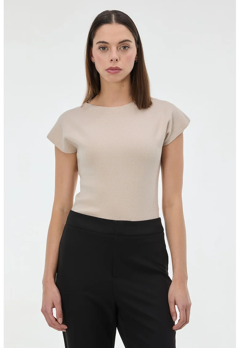 Tricou din tricot cu decolteu la baza gatului, Bej