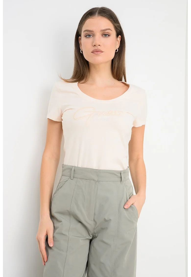 Tricou cu decolteu rotund si logo, Bej sampanie