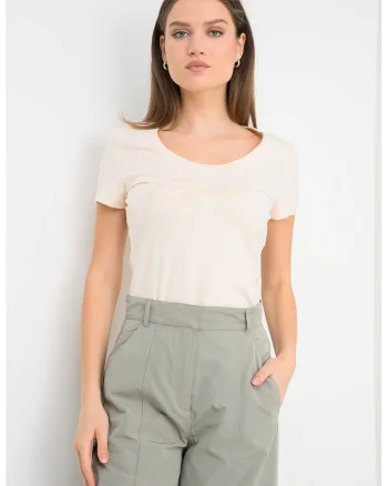 Tricou cu decolteu rotund si logo, Bej sampanie