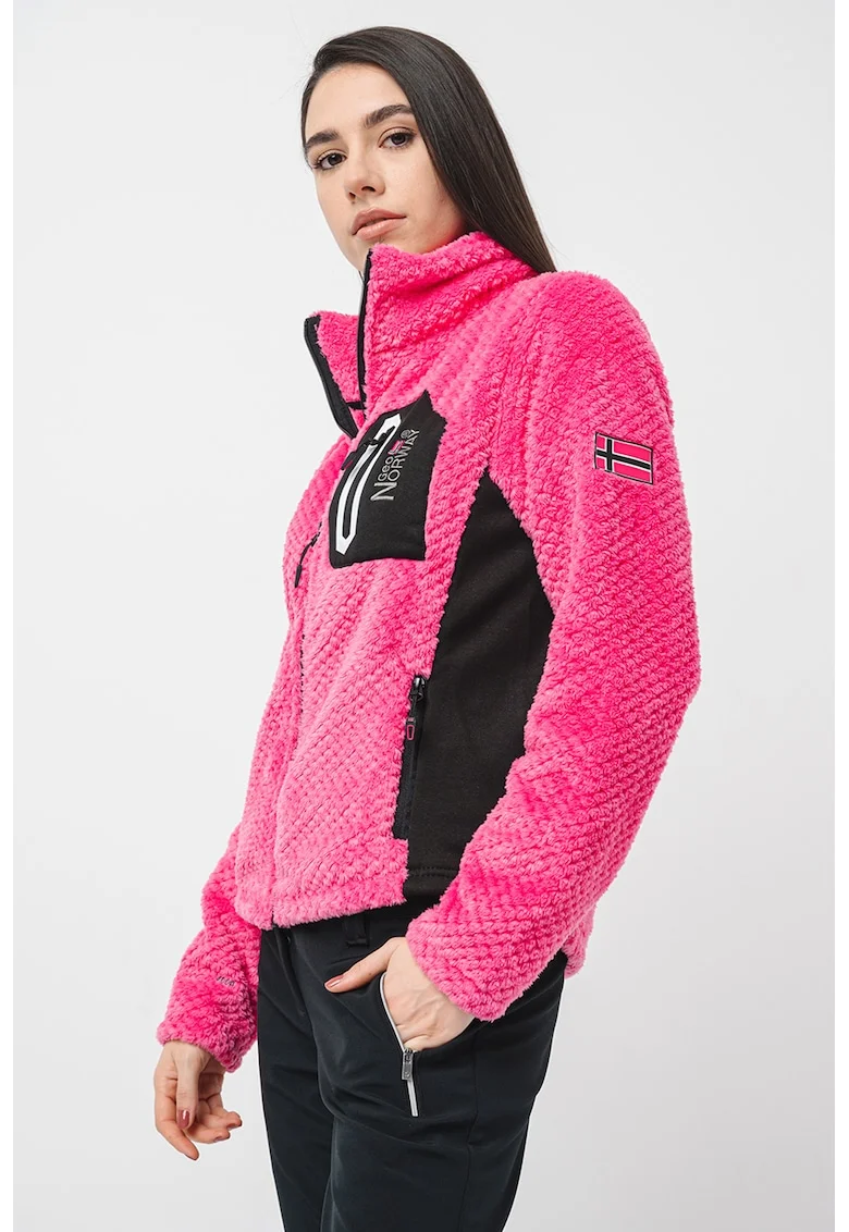 Bluza de trening cu fermoar si guler mediu, Roz aprins