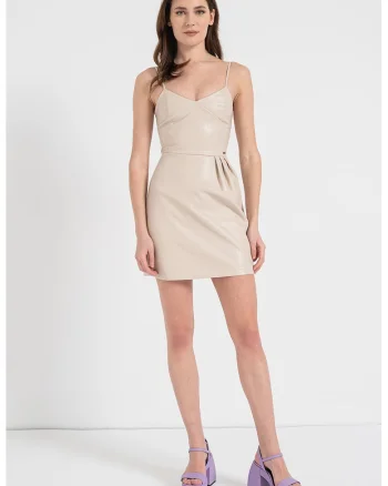 Rochie de piele ecologica fara maneci, Bej