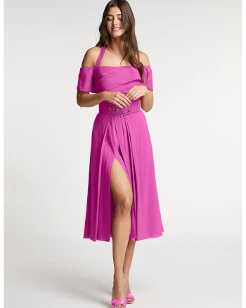 Rochie evazata din amestec de in cu slit lateral adanc Chimera, Roz orhidee