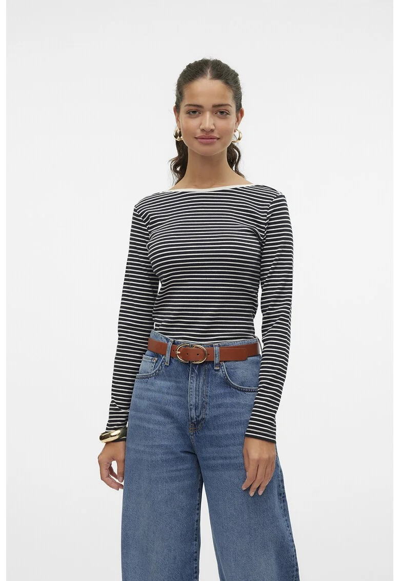 Bluza cu maneci lungi si model in dungi, Alb/Negru stins