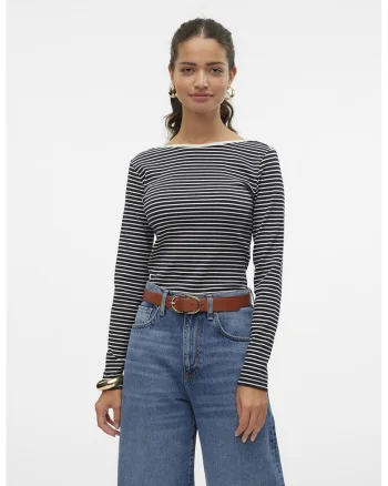 Bluza cu maneci lungi si model in dungi, Alb/Negru stins