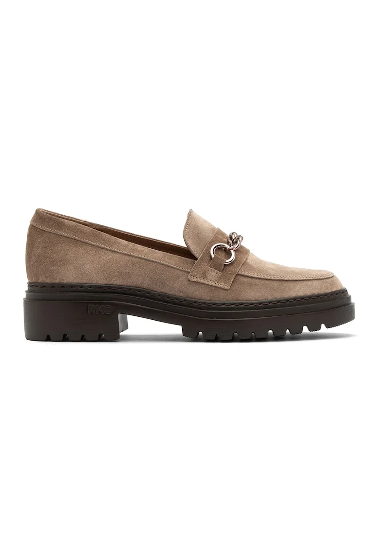 Pantofi loafer de piele cu aplicatie metalica, Maro camel