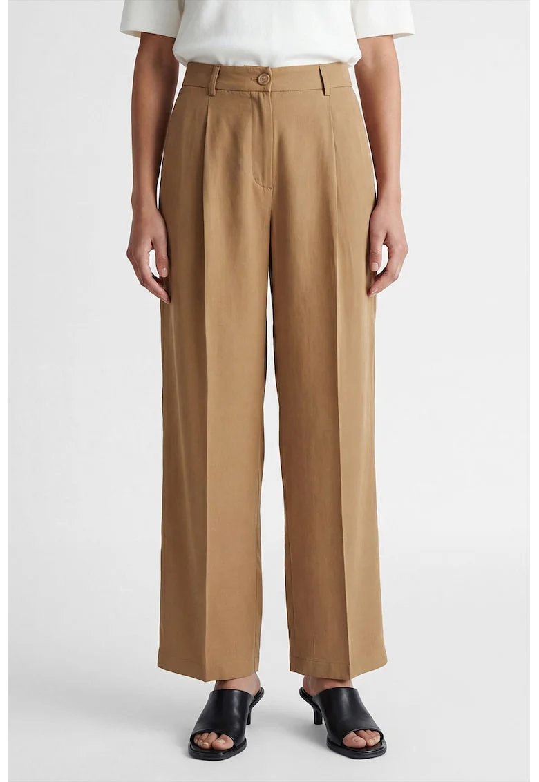 Pantaloni cu talie inalta si pensa, Caramel