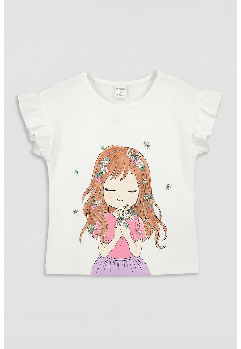 Tricou cu imprimeu grafic si maneci cu volane, Alb/Roz pastel/Portocaliu persan