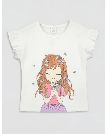 Tricou cu imprimeu grafic si maneci cu volane, Alb/Roz pastel/Portocaliu persan