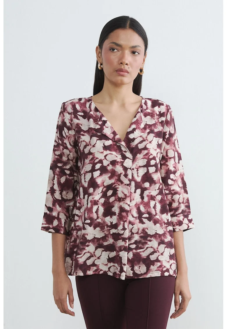 Bluza cu decolteu in V si model, Visiniu/Alb fildes