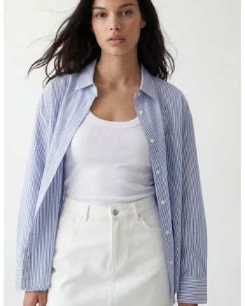 Camasa din bumbac cu model in dungi, Alb/Albastru azur