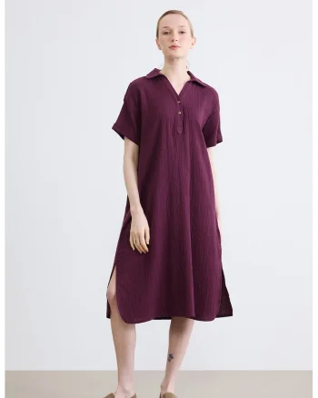 Rochie din amestec de bumbac cu nasturi, Violet pruna