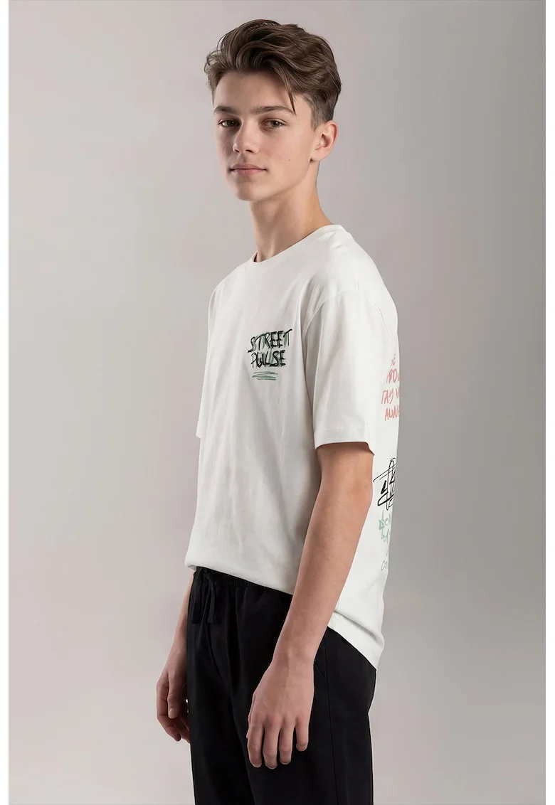 Tricou din bumbac cu imprimeu text, Negru stins/Alb optic/Verde aquamarin
