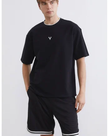Tricou supradimensionat cu decolteu la baza gatului, Negru/Alb optic