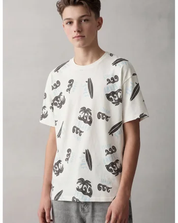 LC WAIKIK, Tricou cu decolteu la baza gatului si imprimeu grafic, Alb/Negru stins/Albastru