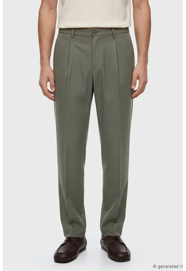 Pantaloni regular fit din amestec de in cu pliuri, Kaki