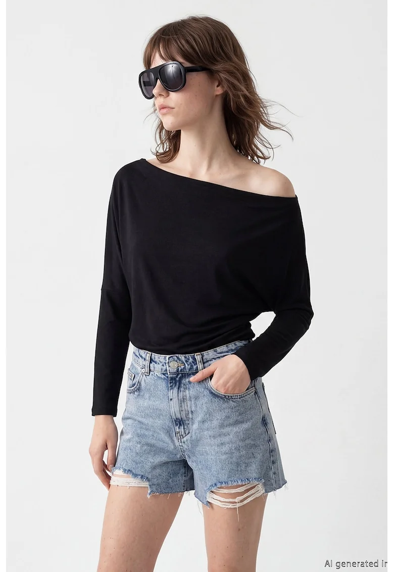 Bluza din amestec de modal cu decolteu drapat, Negru