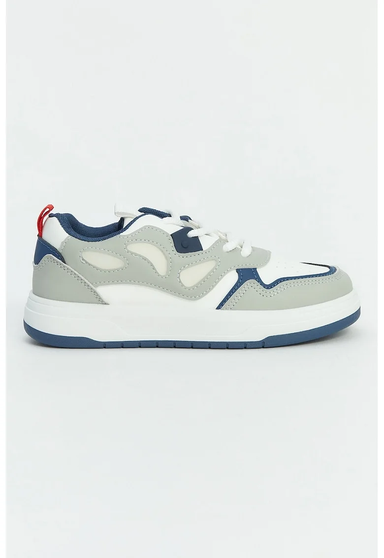 Pantofi sport low-cut din piele ecologica cu aspect colorblock, Alb/Albastru inchis/Gri cenusiu