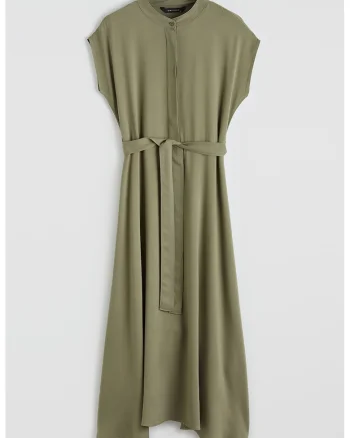 Rochie lunga cu model uni si cordon in talie, Verde sparanghel