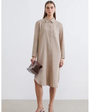 Rochie-camasa texturata cu guler clasic, Bej inchis