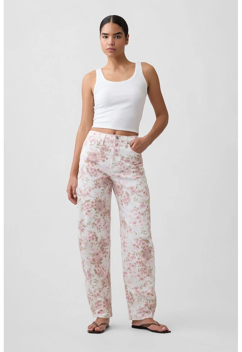 Blugi cu croiala barrel si model floral, Roz pastel/Alb murdar