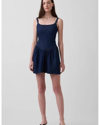 Rochie de denim cu decolteu patrat, Albastru inchis
