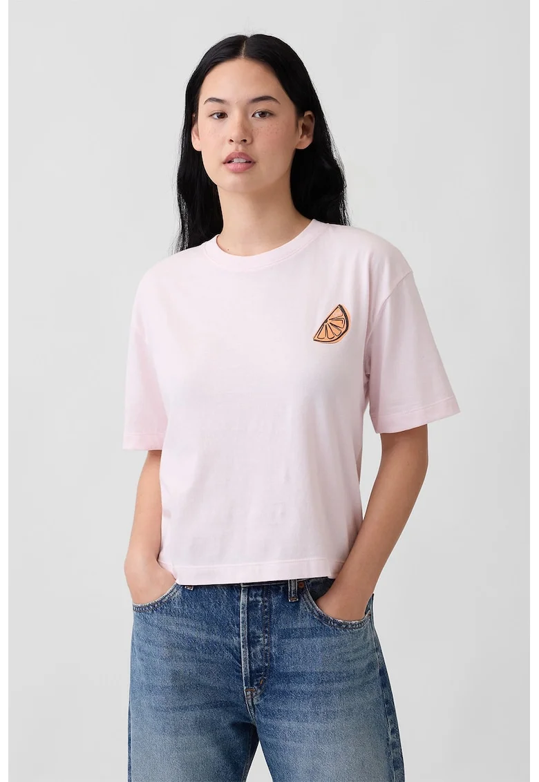 Tricou cu model si decolteu la baza gatului, Roz pastel